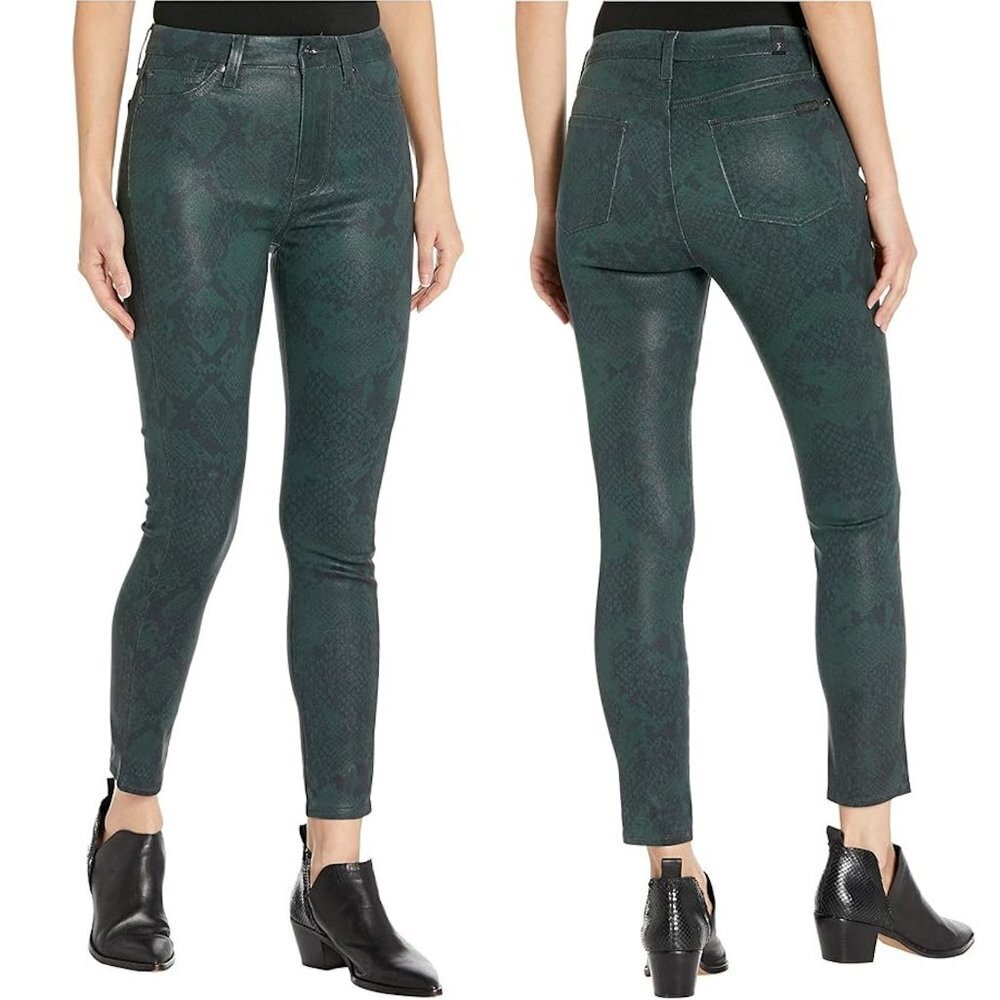 NWT New $225 7 For All Mankind High-Waist Ankle Skinny Green Python Jean Size 26